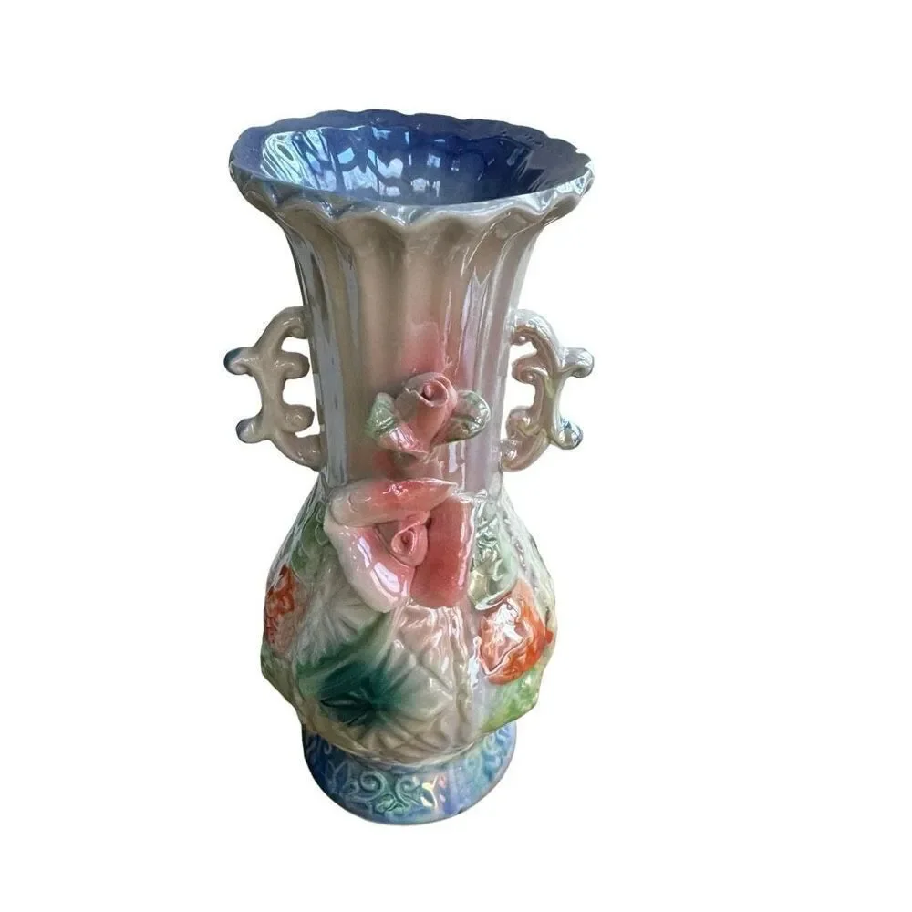 VTG Opalescent Raised Floral Ornate Double Handled 7” Vase